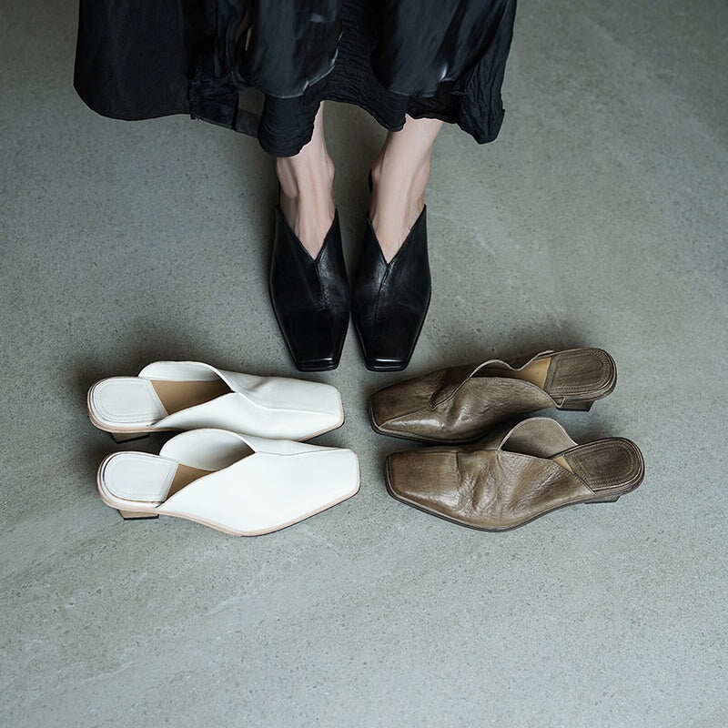 Handmade Horse Leather Square Toe Mules Closed-Toe British Style Slippers in White/Grey/Black
