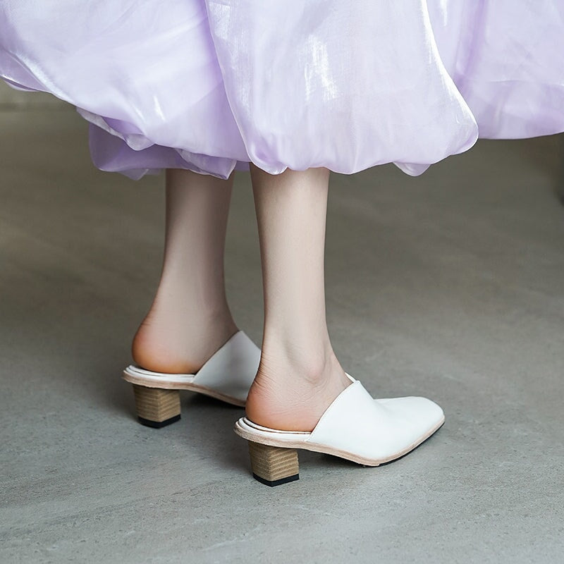 Handmade Horse Leather Square Toe Mules Closed-Toe British Style Slippers in White/Grey/Black