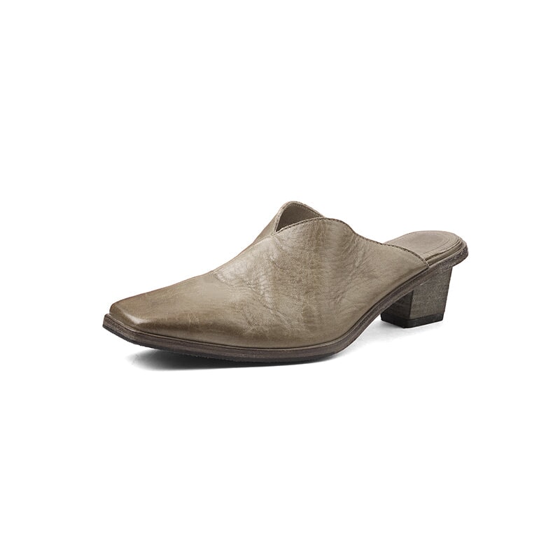 Handmade Horse Leather Square Toe Mules Closed-Toe British Style Slippers in White/Grey/Black