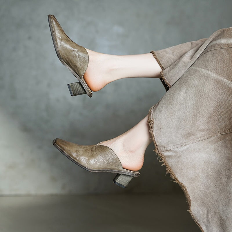 Handmade Horse Leather Square Toe Mules Closed-Toe British Style Slippers in White/Grey/Black