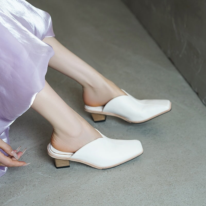 Handmade Horse Leather Square Toe Mules Closed-Toe British Style Slippers in White/Grey/Black