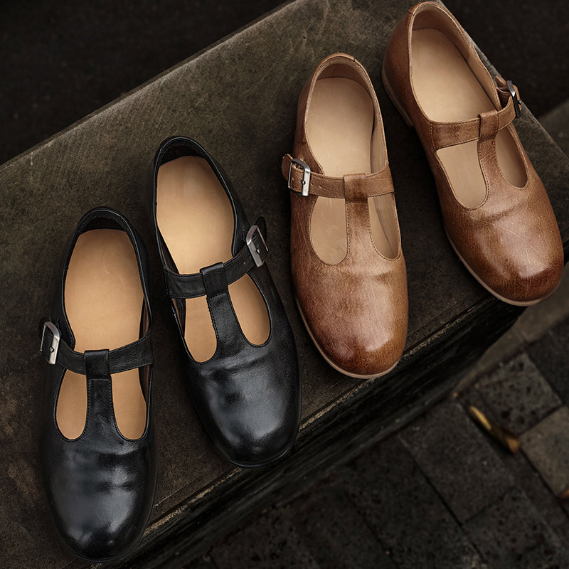 Handmade Horse Leather T-Strap Mary Jane Flats for Women in Black/Dark Brown