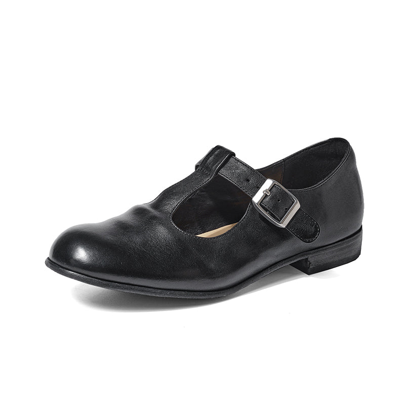 Handmade Horse Leather T-Strap Mary Jane Flats for Women in Black/Dark Brown