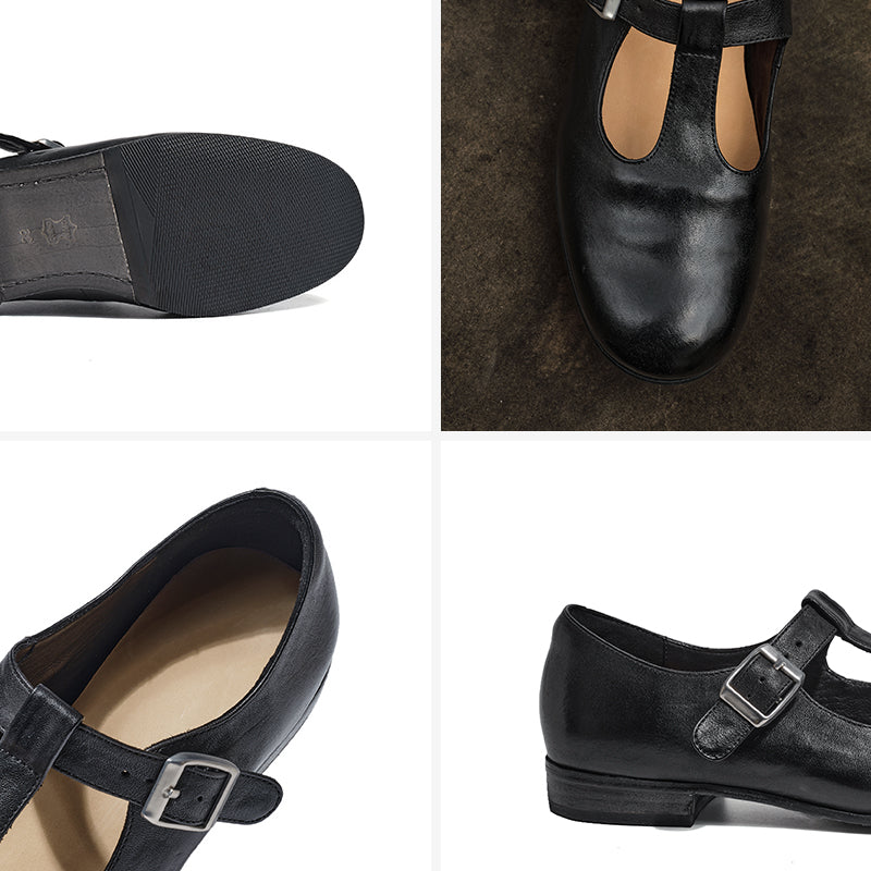 Handmade Horse Leather T-Strap Mary Jane Flats for Women in Black/Dark Brown