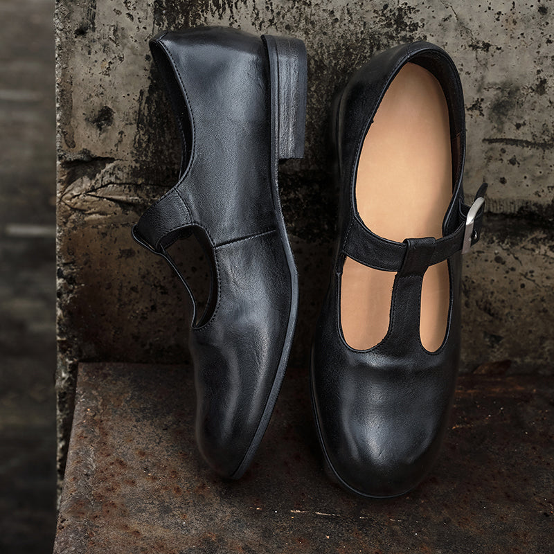 Handmade Horse Leather T-Strap Mary Jane Flats for Women in Black/Dark Brown