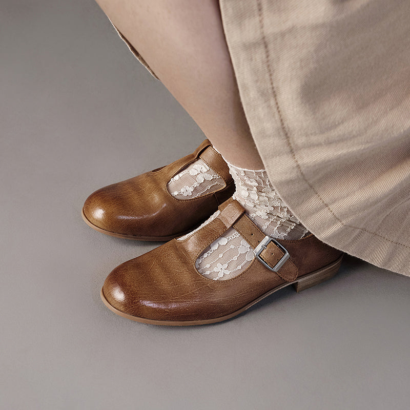 Handmade Horse Leather T-Strap Mary Jane Flats for Women in Black/Dark Brown