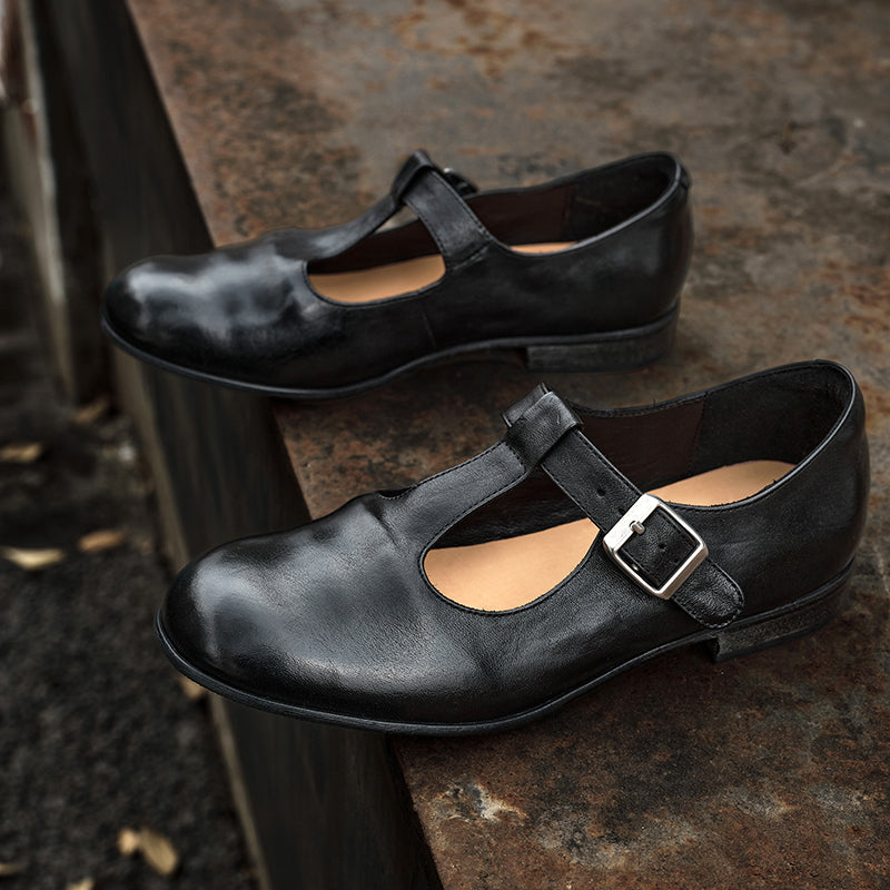 Handmade Horse Leather T-Strap Mary Jane Flats for Women in Black/Dark Brown