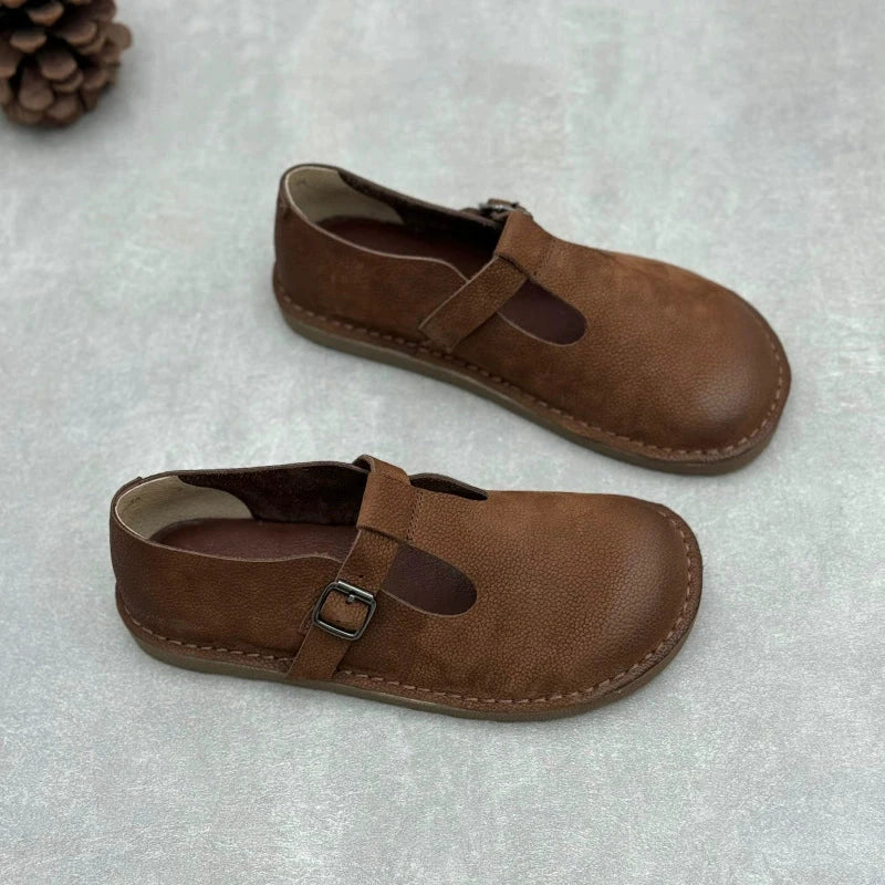 Handmade Leather Flat Mary Jane Shoes For Womens Round Toe Retro Buckle Sandals Black/Coffee