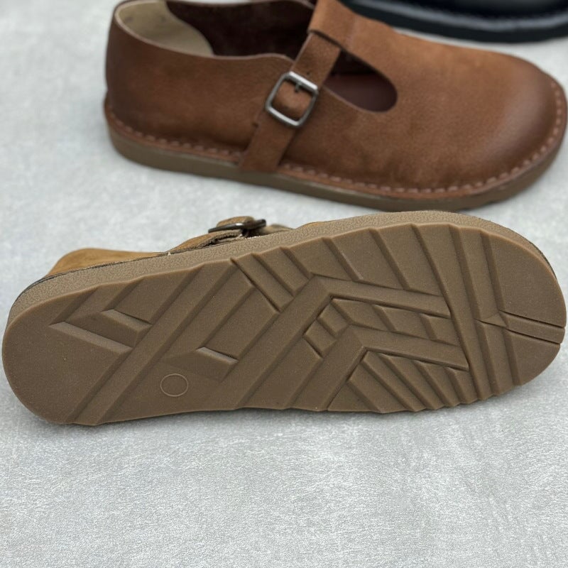 Handmade Leather Flat Mary Jane Shoes For Womens Round Toe Retro Buckle Sandals Black/Coffee