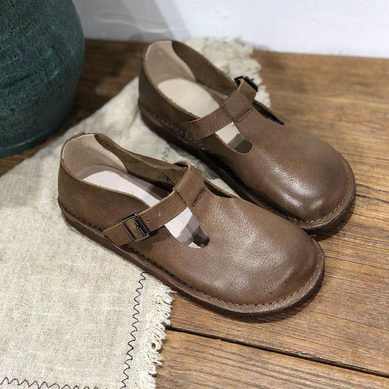 Handmade Leather Flat Mary Jane Shoes For Womens Round Toe Retro Buckle Sandals Black/Coffee