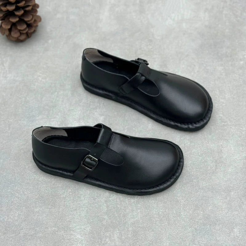 Handmade Leather Flat Mary Jane Shoes For Womens Round Toe Retro Buckle Sandals Black/Coffee