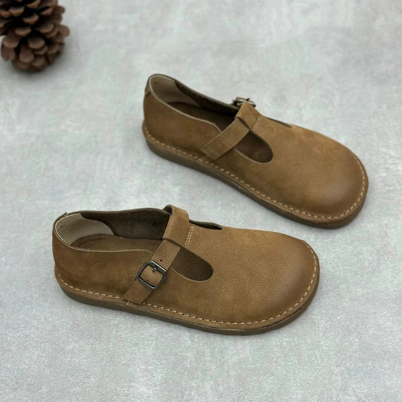 Handmade Leather Flat Mary Jane Shoes For Womens Round Toe Retro Buckle Sandals Black/Coffee