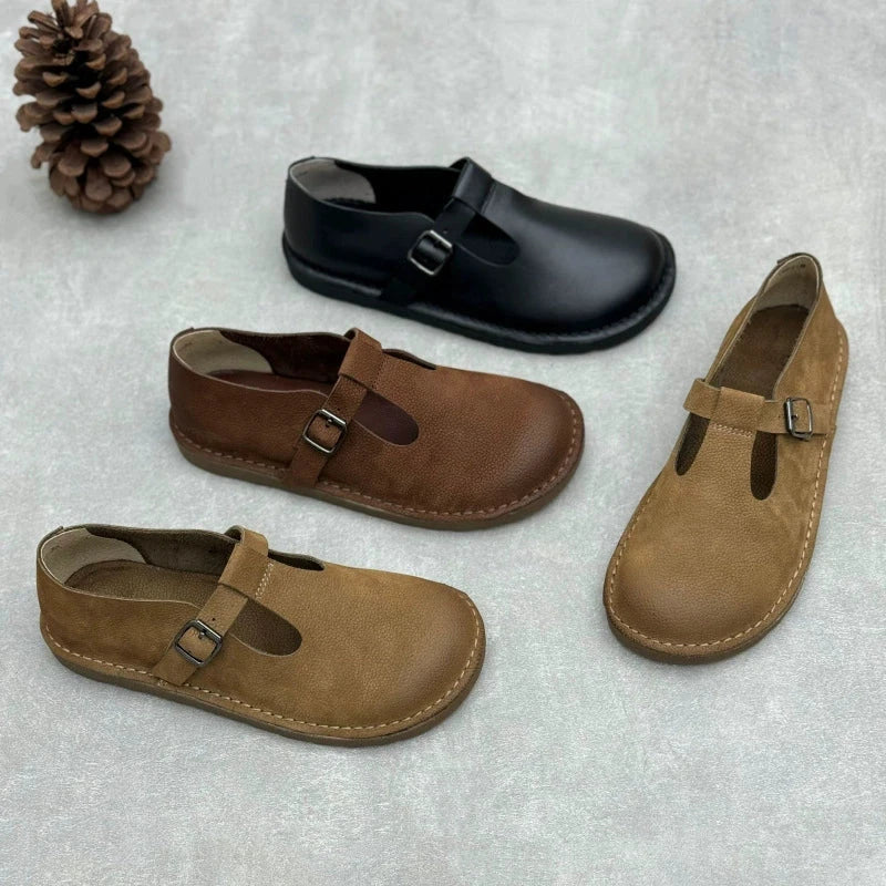 Handmade Leather Flat Mary Jane Shoes For Womens Round Toe Retro Buckle Sandals Black/Coffee