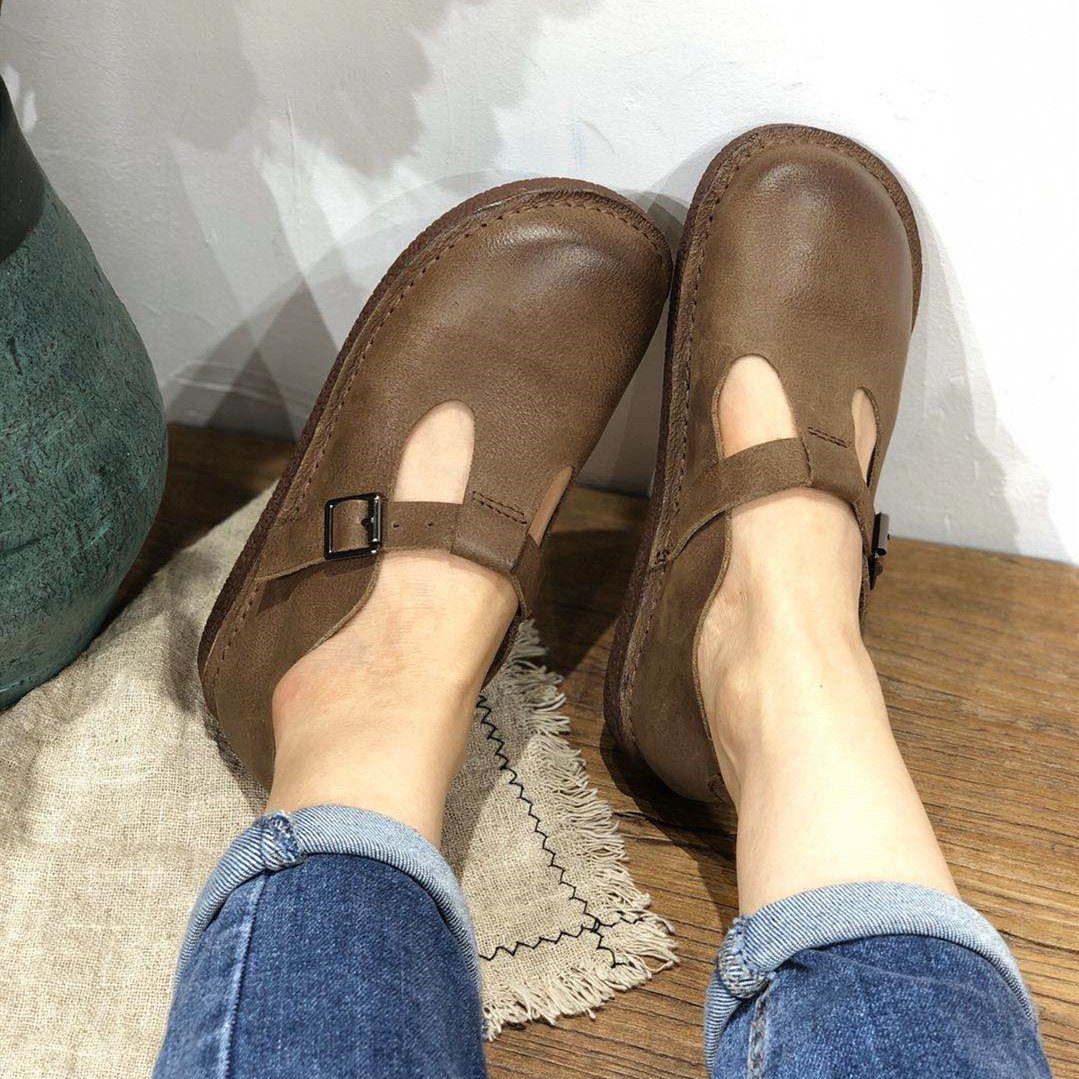 Handmade Leather Flat Mary Jane Shoes For Womens Round Toe Retro Buckle Sandals Black/Coffee