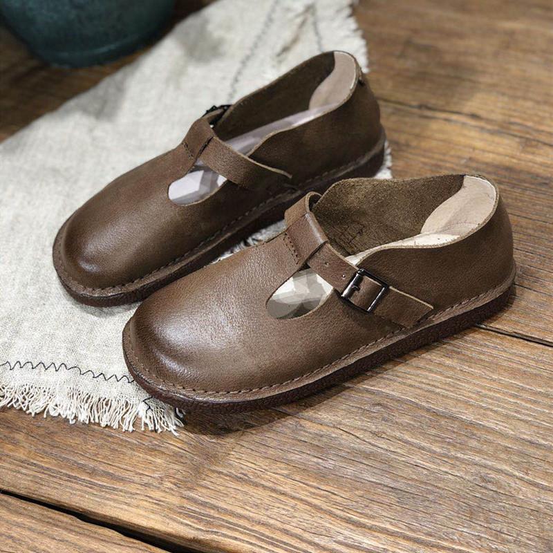 Handmade Leather Flat Mary Jane Shoes For Womens Round Toe Retro Buckle Sandals Black/Coffee
