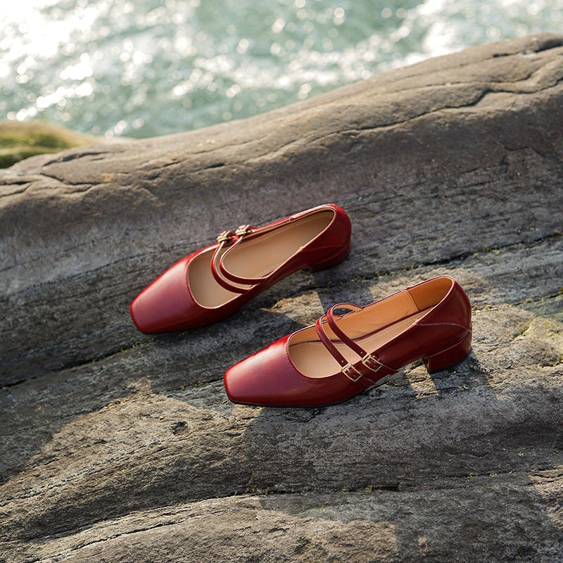 Handmade Leather Mary Jane Pumps Block Heel Office Shoes Double-strap in Red/Black