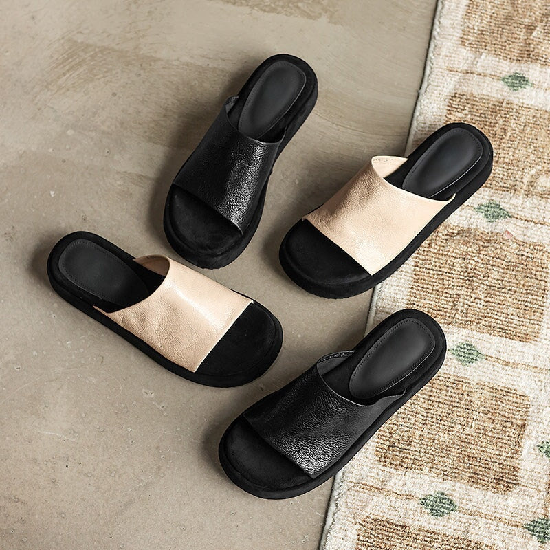 Handmade Leather Platform Slide Sandals Women Minimalist Chunky Sole Casual Slippers in Black/White