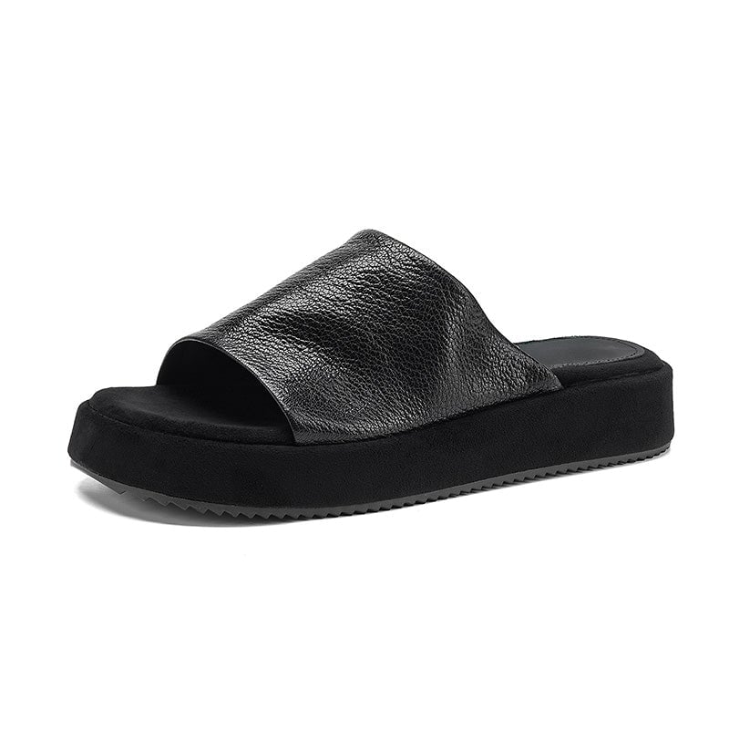 Handmade Leather Platform Slide Sandals Women Minimalist Chunky Sole Casual Slippers in Black/White