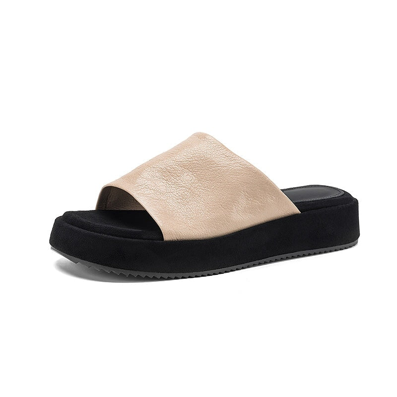 Handmade Leather Platform Slide Sandals Women Minimalist Chunky Sole Casual Slippers in Black/White