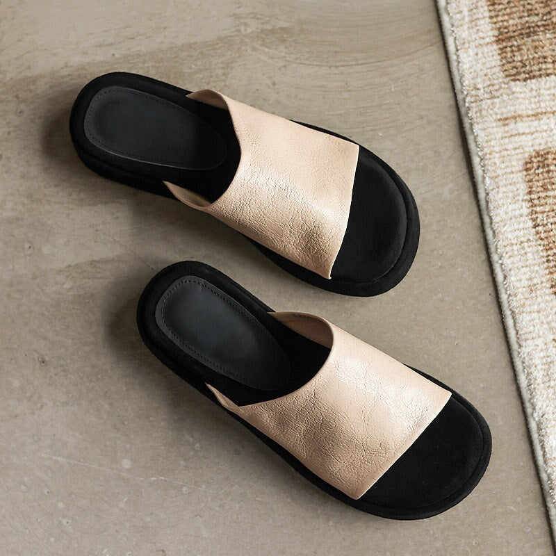 Handmade Leather Platform Slide Sandals Women Minimalist Chunky Sole Casual Slippers in Black/White