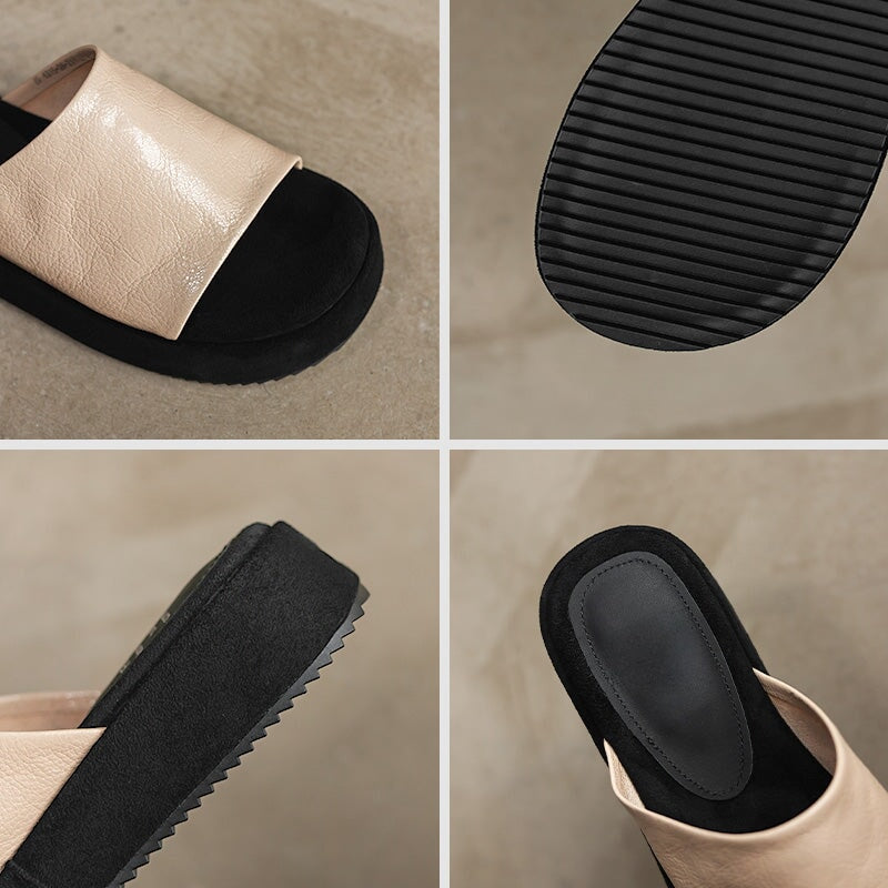 Handmade Leather Platform Slide Sandals Women Minimalist Chunky Sole Casual Slippers in Black/White