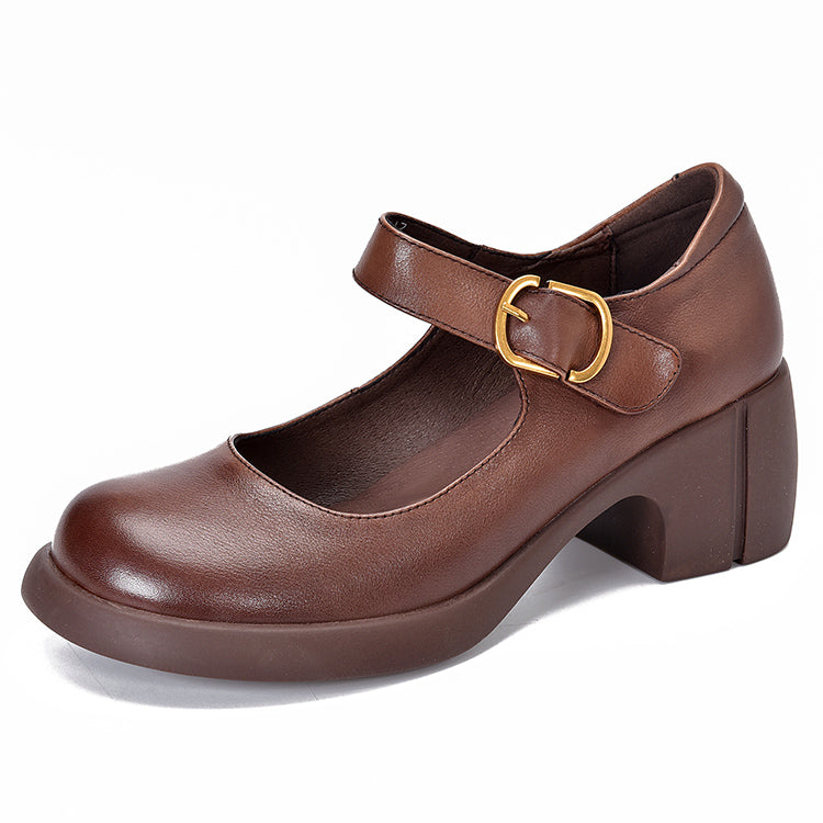 Handmade Leather Pumps Mary Jane Heels Sandals Women‘s Round Toe Retro Velcro Sandals Black/Brown