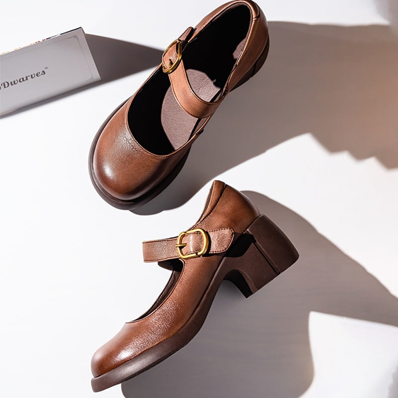 Handmade Leather Pumps Mary Jane Heels Sandals Women‘s Round Toe Retro Velcro Sandals Black/Brown
