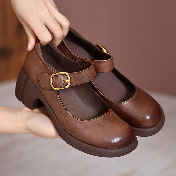 Handmade Leather Pumps Mary Jane Heels Sandals Women‘s Round Toe Retro Velcro Sandals Black/Brown
