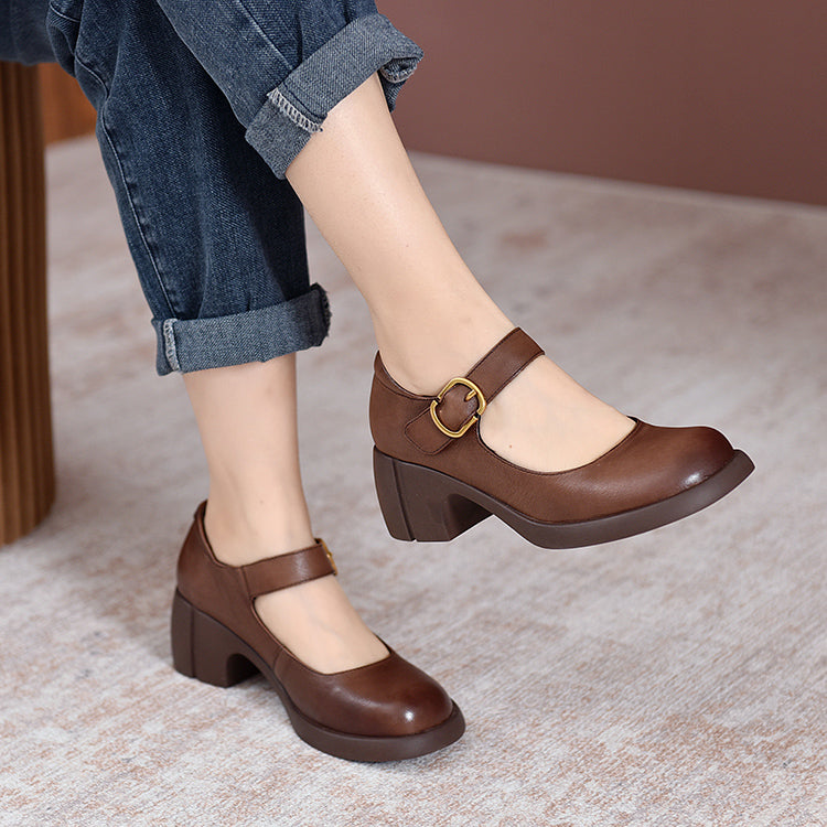 Handmade Leather Pumps Mary Jane Heels Sandals Women‘s Round Toe Retro Velcro Sandals Black/Brown