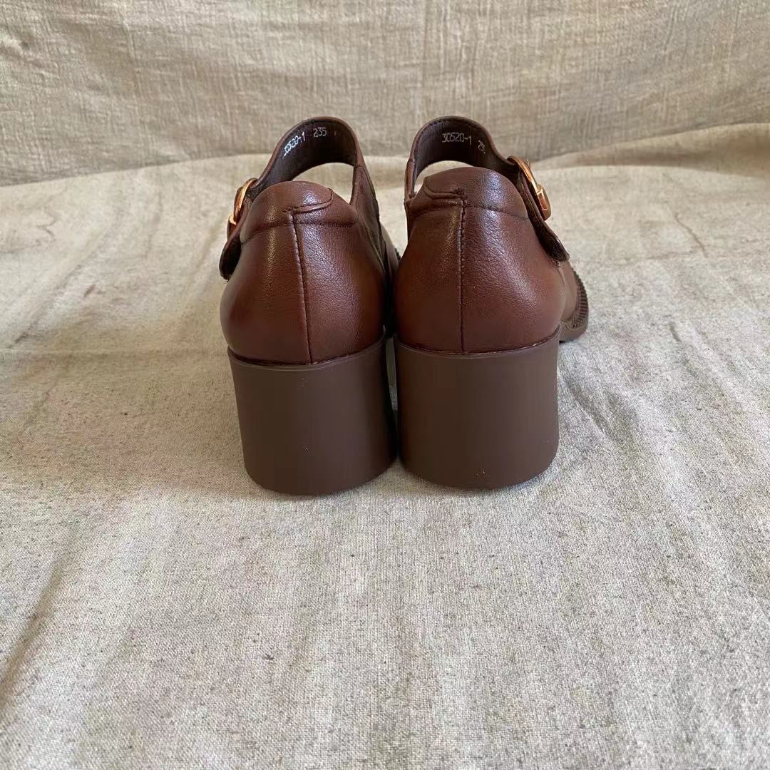 Handmade Leather Pumps Mary Jane Heels Sandals Women‘s Round Toe Retro Velcro Sandals Black/Brown