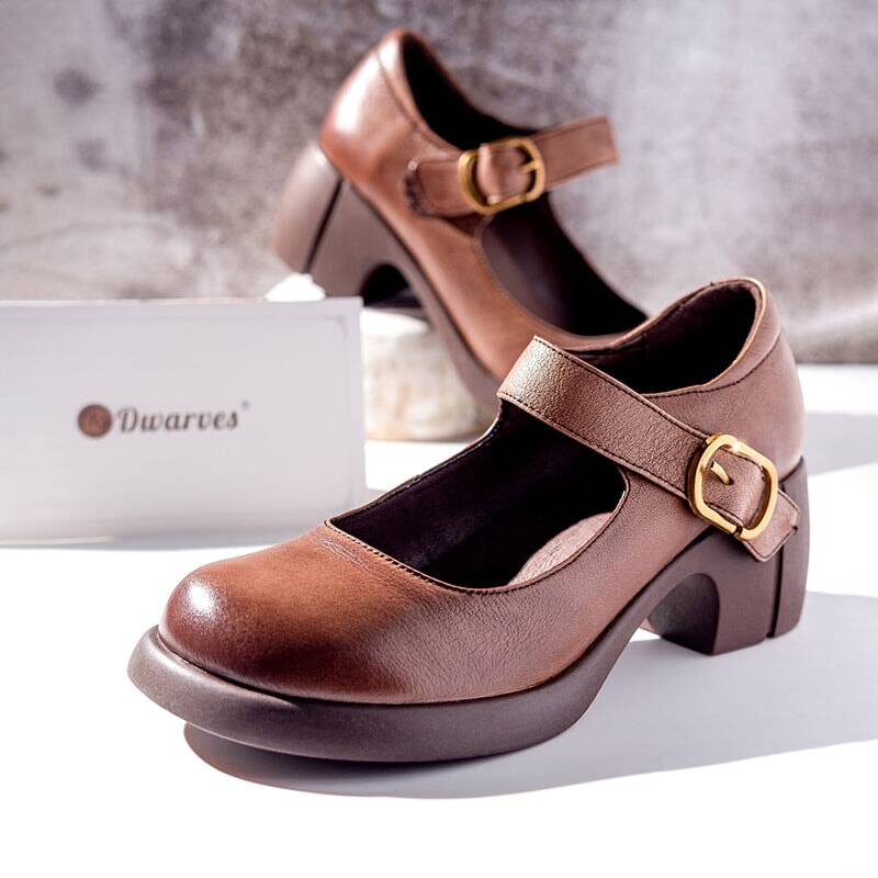Handmade Leather Pumps Mary Jane Heels Sandals Women‘s Round Toe Retro Velcro Sandals Black/Brown
