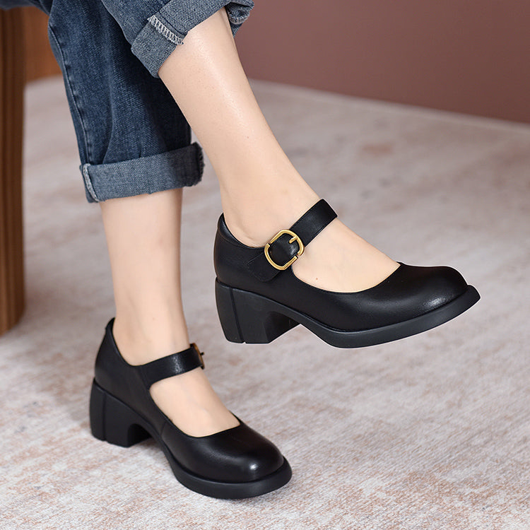 Handmade Leather Pumps Mary Jane Heels Sandals Women‘s Round Toe Retro Velcro Sandals Black/Brown