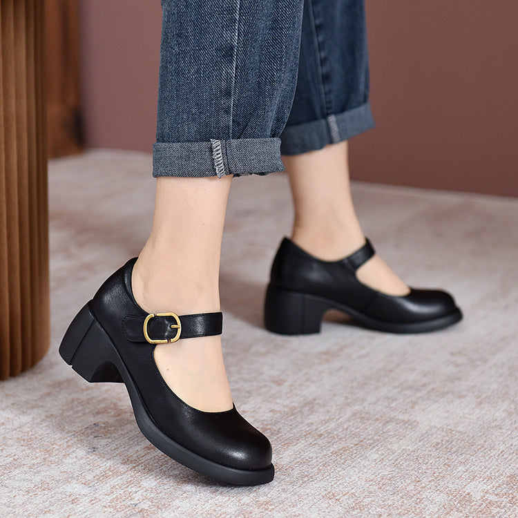 Handmade Leather Pumps Mary Jane Heels Sandals Women‘s Round Toe Retro Velcro Sandals Black/Brown