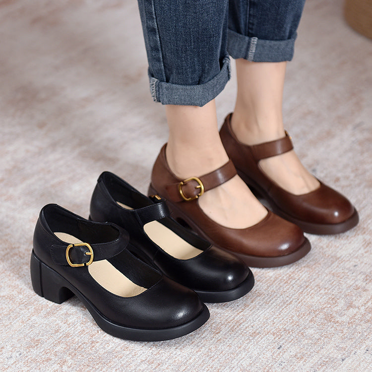 Handmade Leather Pumps Mary Jane Heels Sandals Women‘s Round Toe Retro Velcro Sandals Black/Brown
