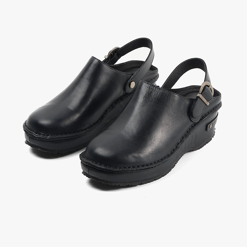 Handmade Leather Slingback Wedge Clogs for Women Platform Round Toe Mule Shoes in Black/Brown
