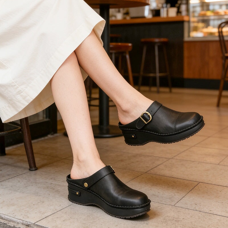 Handmade Leather Slingback Wedge Clogs for Women Platform Round Toe Mule Shoes in Black/Brown