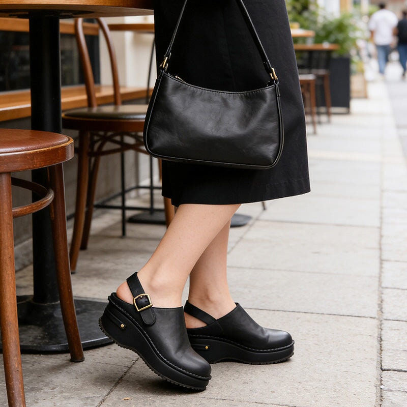Handmade Leather Slingback Wedge Clogs for Women Platform Round Toe Mule Shoes in Black/Brown
