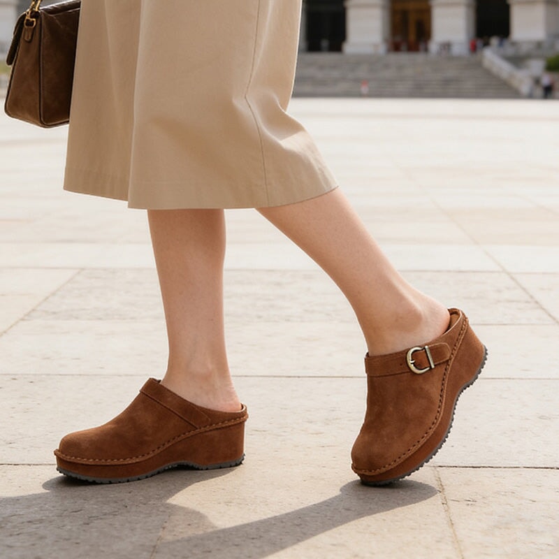 Handmade Leather Slingback Wedge Clogs for Women Platform Round Toe Mule Shoes in Black/Brown