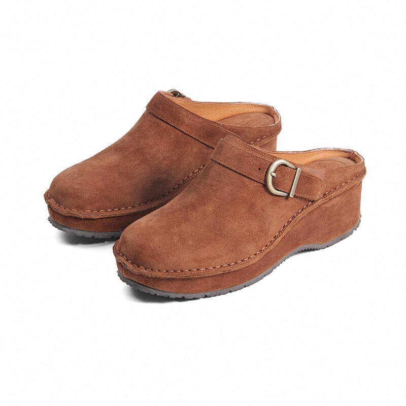 Handmade Leather Slingback Wedge Clogs for Women Platform Round Toe Mule Shoes in Black/Brown