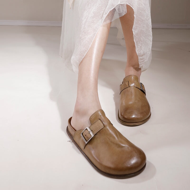 Handmade Leather Slippers with Buckle in Pink/Khaki