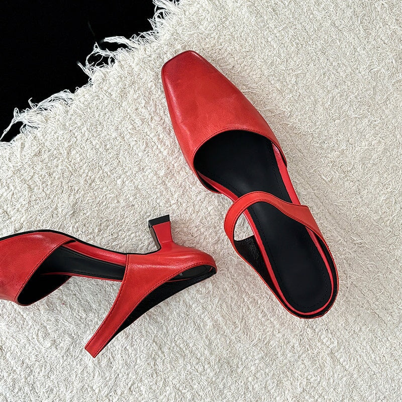 Handmade Leather Square Toe Kitten Heel Mules 45mm Closed Toe Summer Pumps in 5 Colors