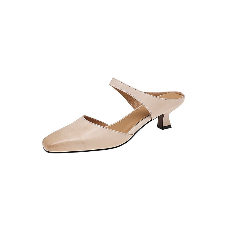 Handmade Leather Square Toe Kitten Heel Mules 45mm Closed Toe Summer Pumps in 5 Colors