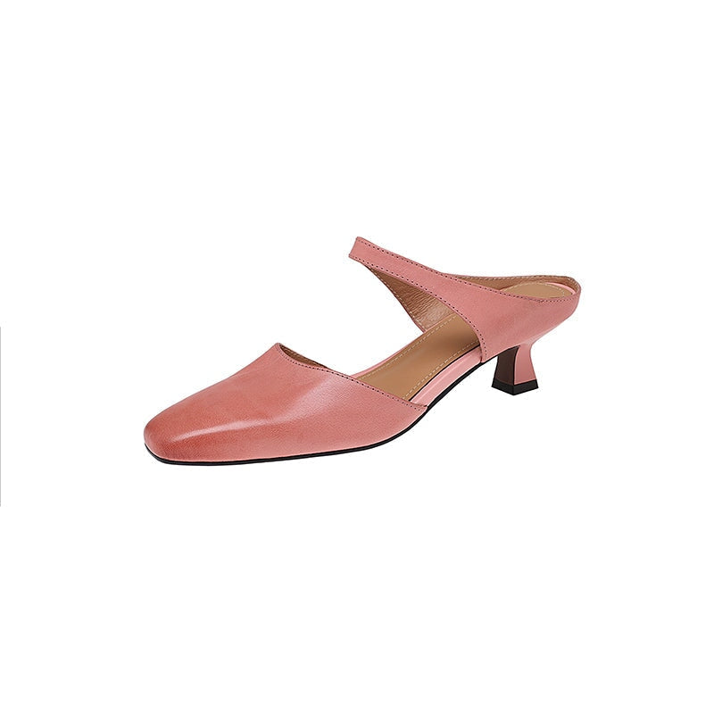 Handmade Leather Square Toe Kitten Heel Mules 45mm Closed Toe Summer Pumps in 5 Colors