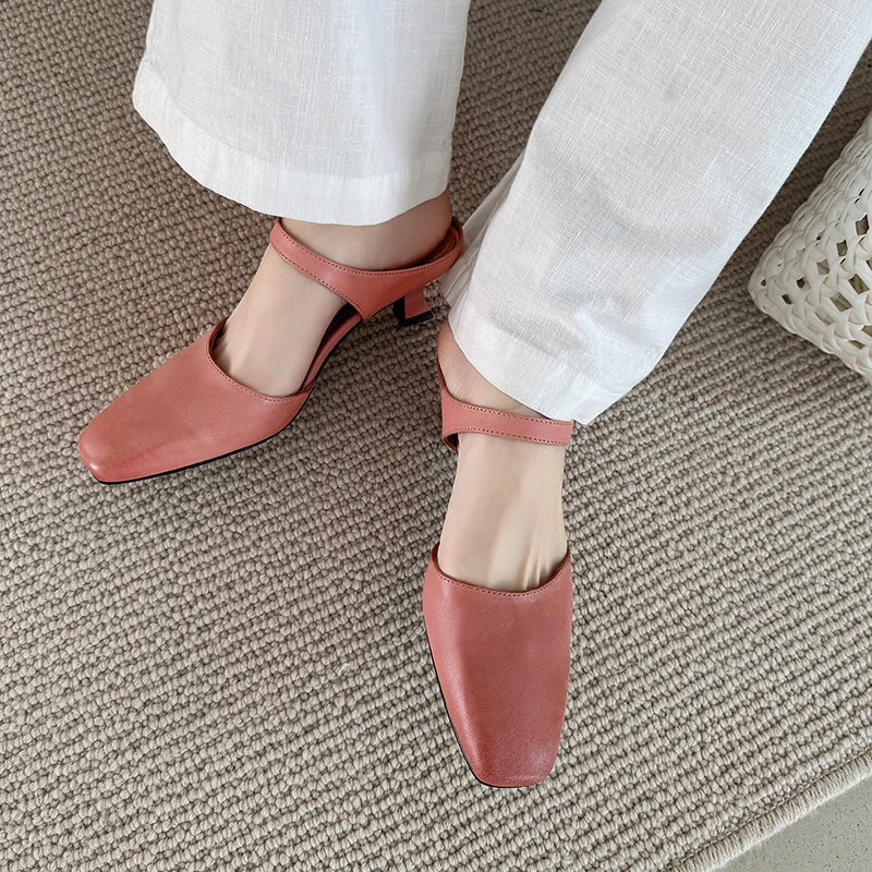 Handmade Leather Square Toe Kitten Heel Mules 45mm Closed Toe Summer Pumps in 5 Colors