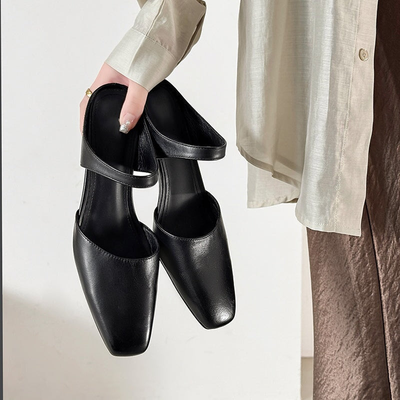 Handmade Leather Square Toe Kitten Heel Mules 45mm Closed Toe Summer Pumps in 5 Colors
