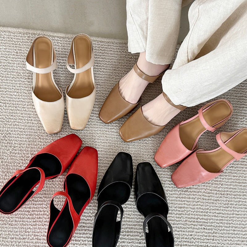Handmade Leather Square Toe Kitten Heel Mules 45mm Closed Toe Summer Pumps in 5 Colors