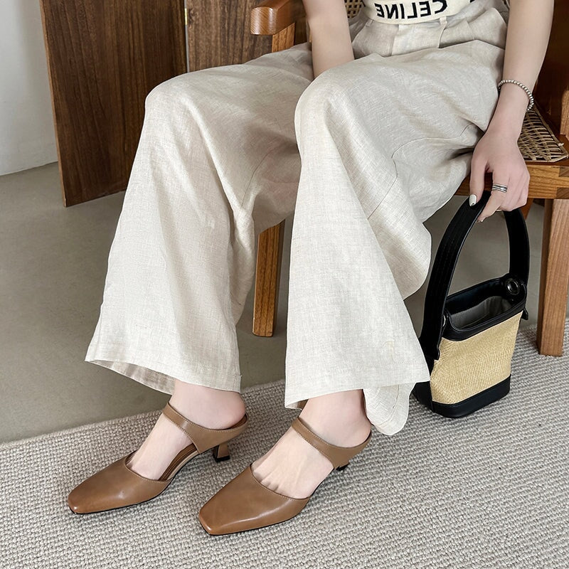 Handmade Leather Square Toe Kitten Heel Mules 45mm Closed Toe Summer Pumps in 5 Colors