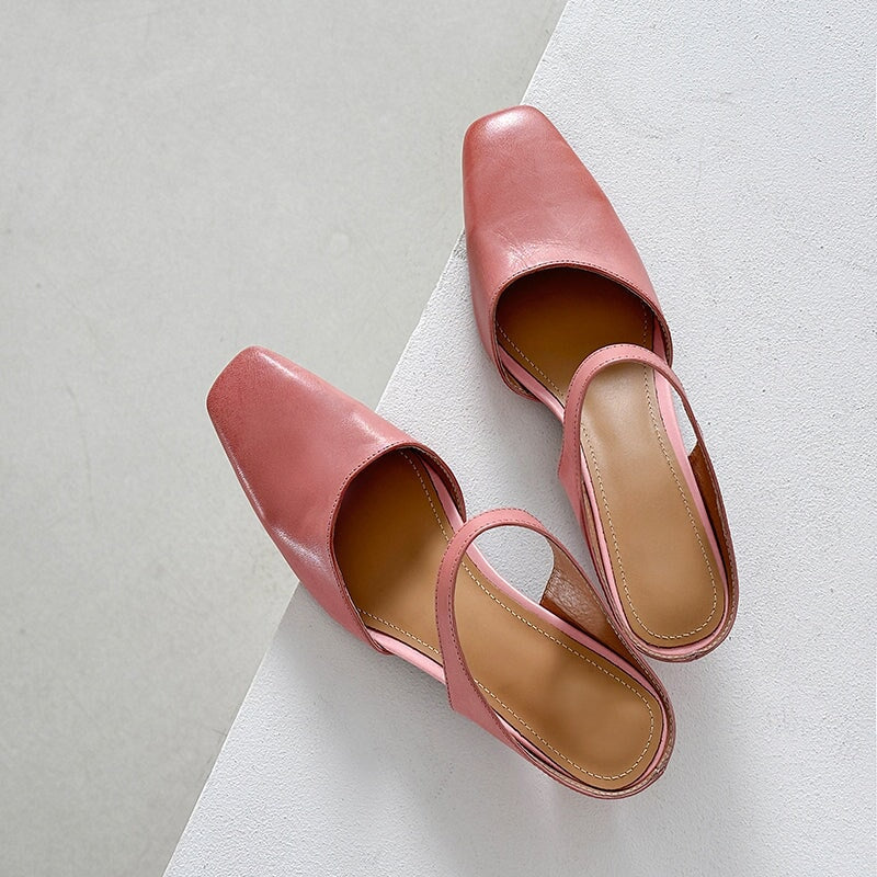Handmade Leather Square Toe Kitten Heel Mules 45mm Closed Toe Summer Pumps in 5 Colors