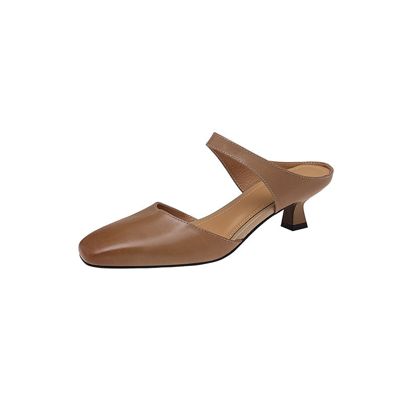 Handmade Leather Square Toe Kitten Heel Mules 45mm Closed Toe Summer Pumps in 5 Colors
