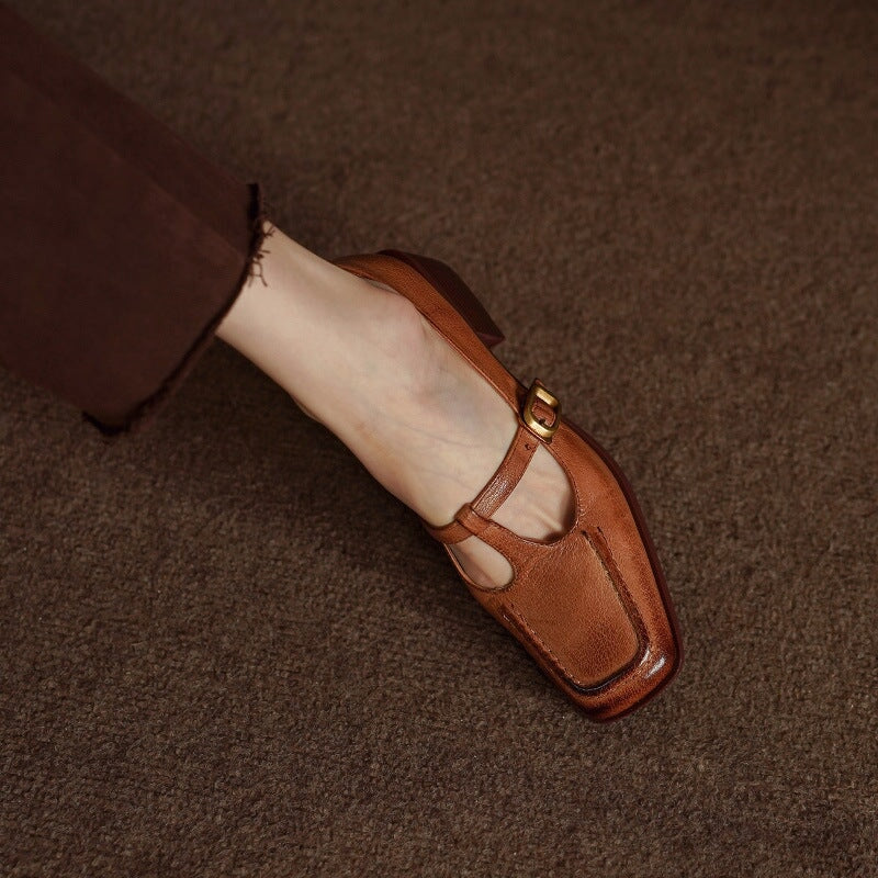 Handmade Leather T Strap Mary Jane Shoes Square Toe in Brown/Red